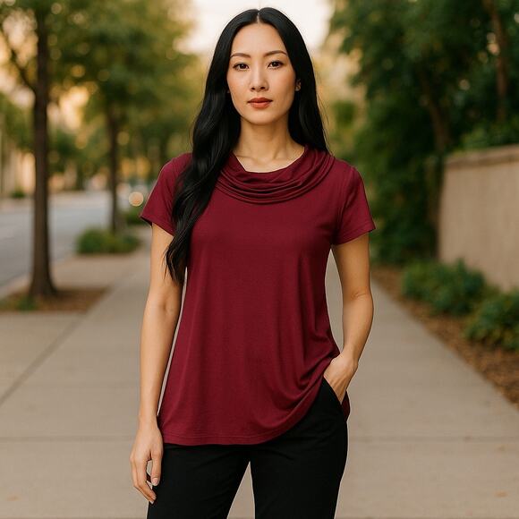 Gap Womens Top Size Small Burgandy Wine Soft Rayon Knit Ruffle Neck - Picture 1 of 7